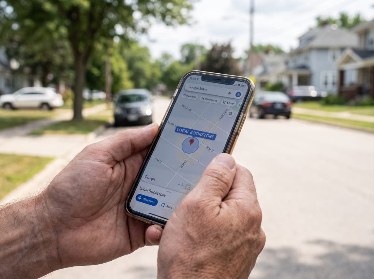 Someone holding a phone outdoors with a local business pin on Google Maps