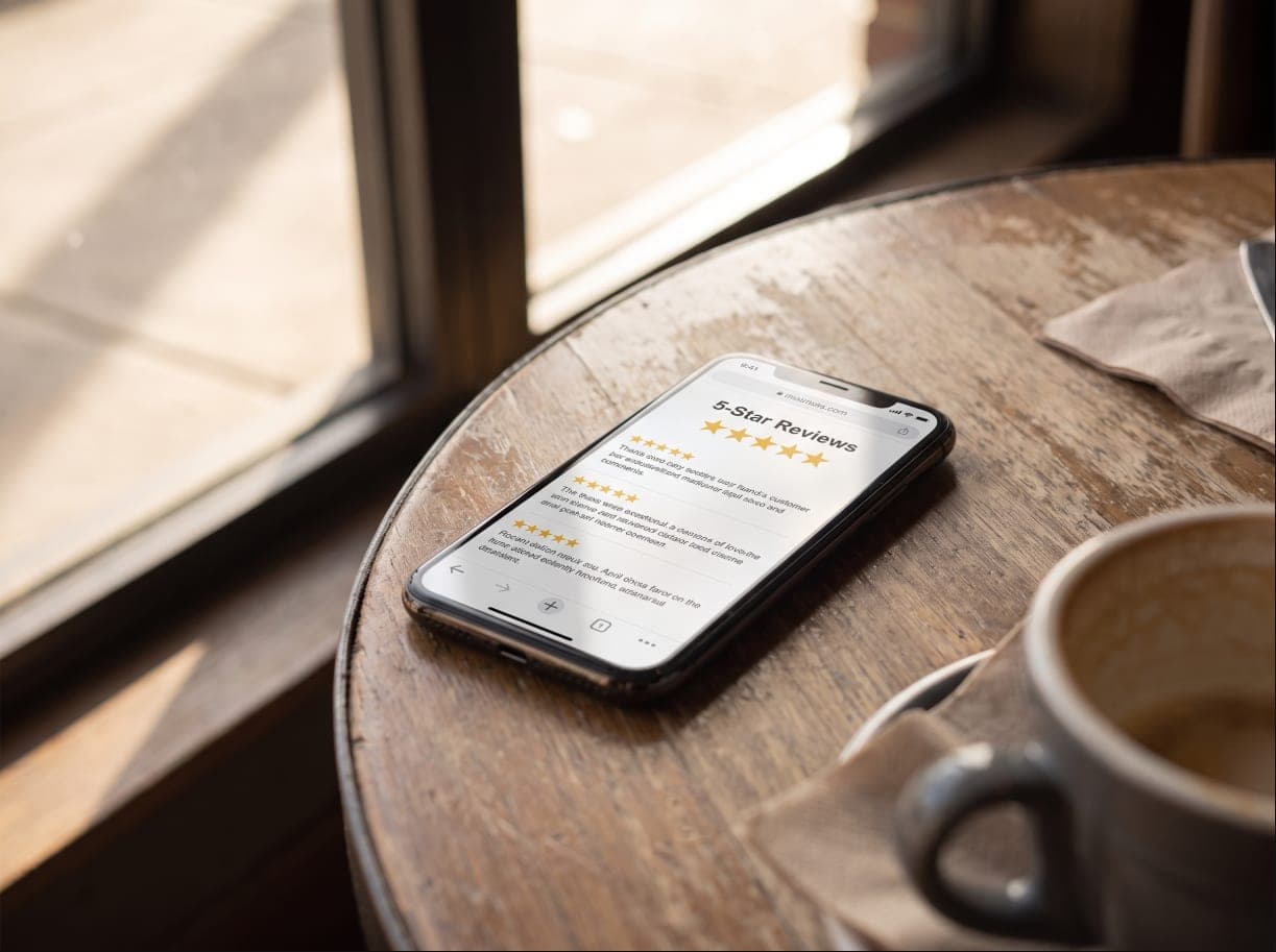 A phone on a café table showing a page of five-star reviews