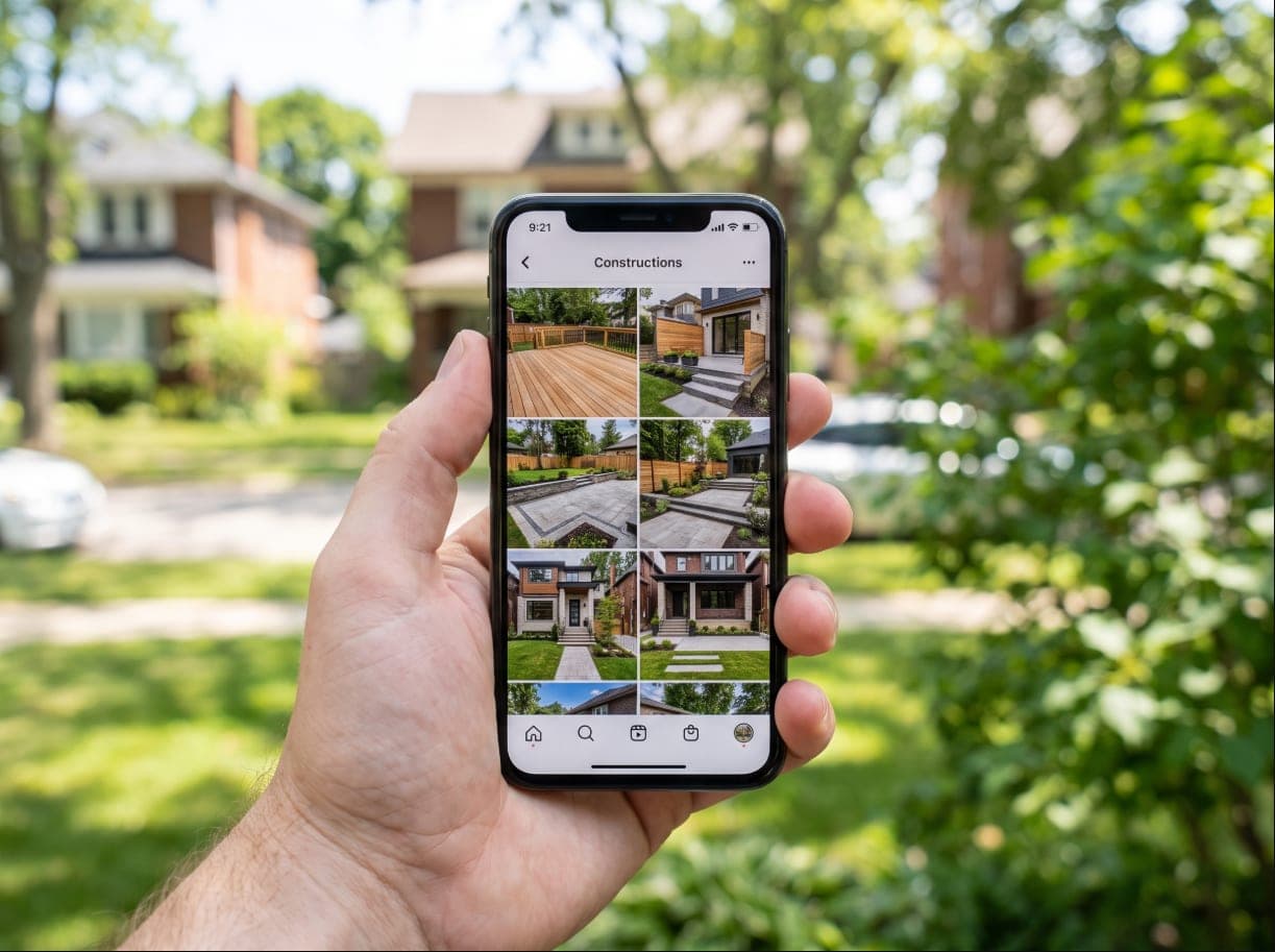 A phone held outdoors showing a grid of finished-job photos on a social profile
