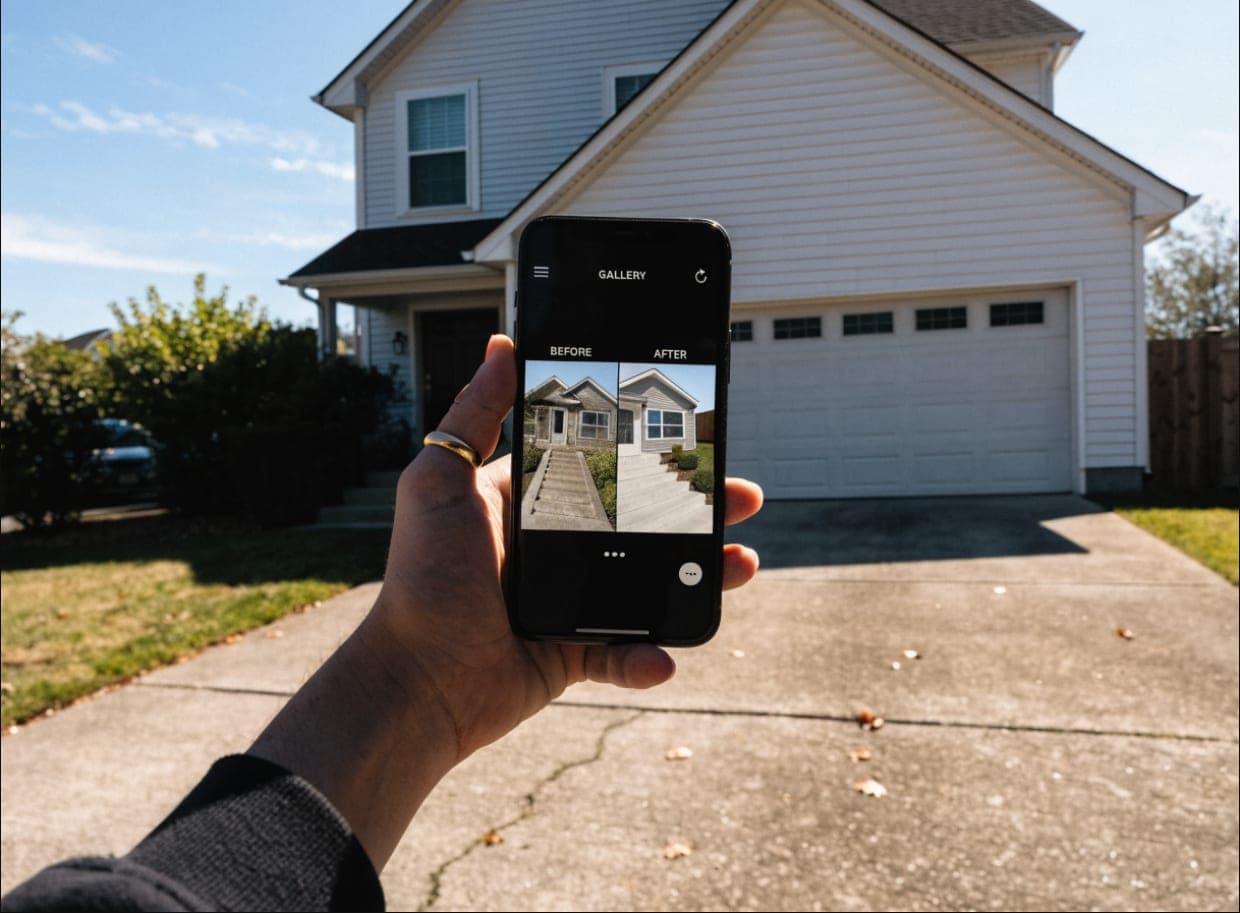 A hand holding a phone showing a before-and-after gallery of a home renovation, outside the finished house